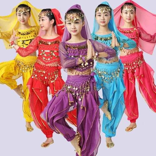 Belly Dance Costumes For Children Girls Belly Dance Pants Indian Costume For Girls Chiffon Long Sleeve Performance Tops DN1113