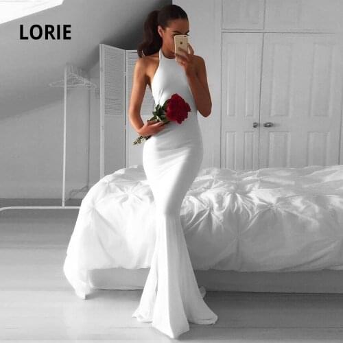 LORIE Simple Cheap White Wedding Dresses Mermaid Spandex Fabric Sleeveless Open Back Halter Bridal Gowns Beach Princess Party