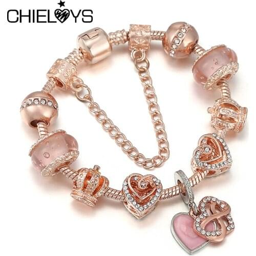 Rose Gold Color European Style Gigantic Pendant Charm Bracelet Fit Crystal Hollow Love Beads Bracelet For Women Jewelry Pulseras