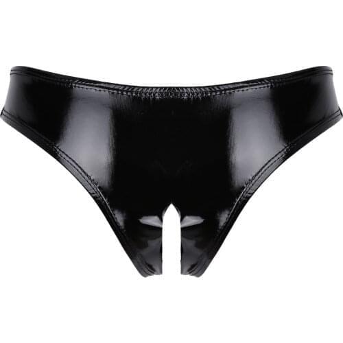 Adults Sexy Underwear Women Erotic Lingerie Black Patent Leather Open Crotch Pussy Holes Mini Latex Briefs Porno Hot Sex Panties