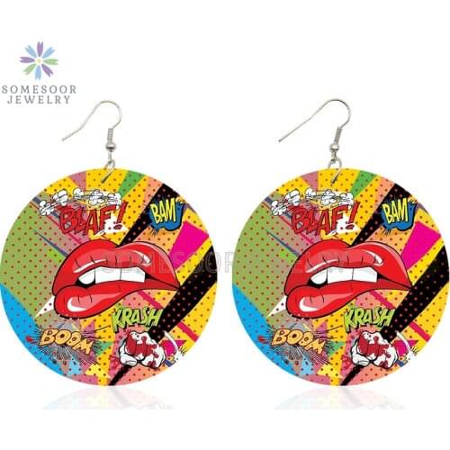 SOMESOOR Love U Kiss Me Lips Comics Bubble Prinetd Wood Drop Earrings LOL WOW Boom Stickers Printed Wood Dangle For Women Gifts