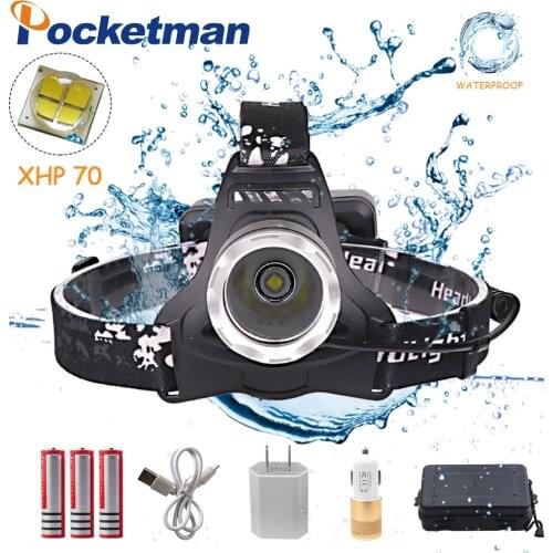 LED headlamp fishing Led headlight XHP70 40000lumen Zoomable lamp Waterproof Head Torch flashlight Headlamp use 18650