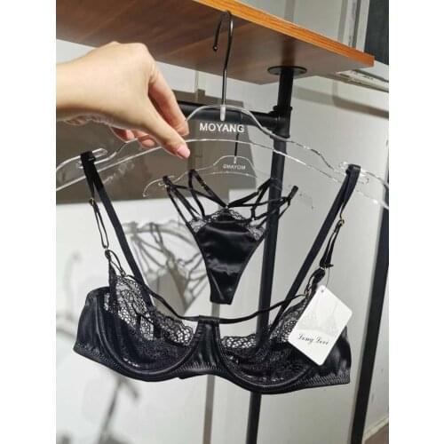 Ultra-thin Bra Set Sexy Lingerie Lace Underwear Perspective Temptation T-pants Satin Stitching See Through Bralette with Thong