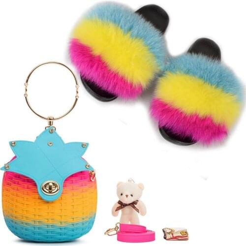 2020 Womens Fur Slippers Ladies Wool Slides Solid Color Shoes Comfortable Slippers Bag Sets Female Casual Footwears Summer