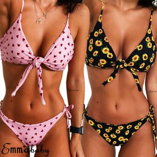 Women Sexy Bikini Sets Bowknot Lace Up Tops Push-Up Padded Swimwear Sunflower Heart Printed Swimsuit Low Waist Bathing Suit