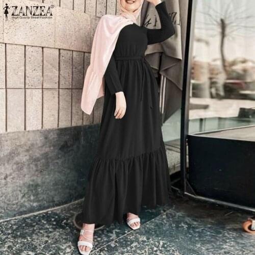 ZANZEA Women Long Muslim Dress Eid Mubarek Dubai Turkey Abaya Hijab Dress Summer Long SLeeve Ruffles Kaftan Sundress