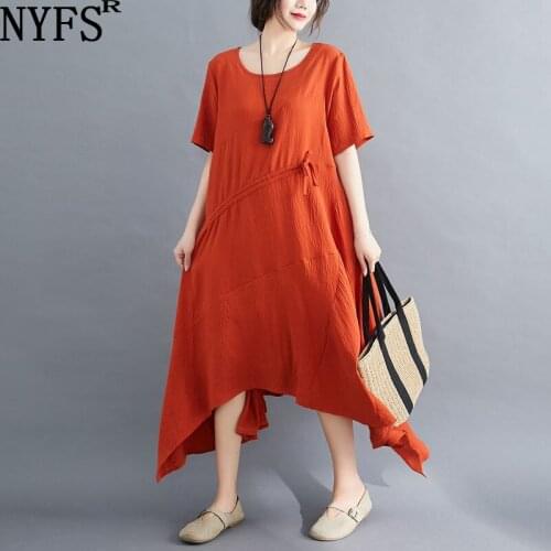 NYFS 2021 New Summer Dress Vintage Cotton Linen Woman Dress Vestidos Robe Elbise loose large size Long Dress