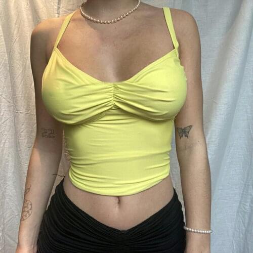 2021 Women Fashion Solid Color Camisole Sexy Pleated V-neck Exposed Navel Suspender Tops for Home Wear Sports Street Shopping