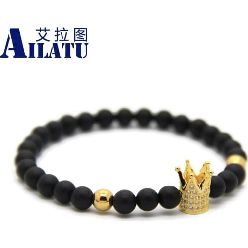 Ailatu 6mm Matte Stone with Advanced Plated CZ Crown Beads Bracelet Couples Love Jewelry Pulseira Hombres