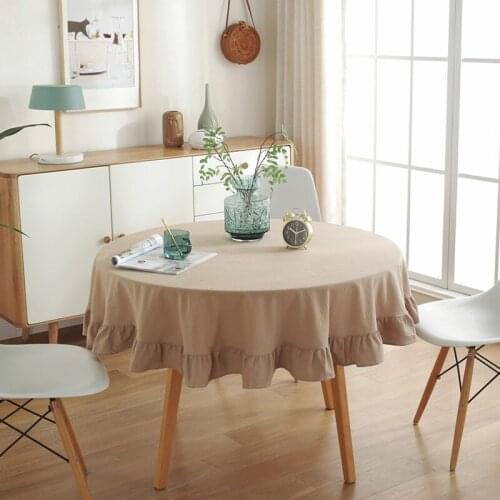White/khaki/blue/linen simple Nordic round pleated scolloped tablecloth washed cotton lotus lace table cover