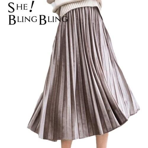 SheBlingBling Pleated Skirt Summer Autumn Fashion High Waist Solid Color Mid-Calf Skirt All-match Swing Elastic Waist Midi Skirt