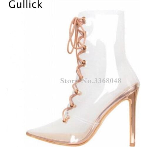 Plus Size 34-43 PVC Patchwork Transparent White Orange Ankle Boots Sexy Pointed Toe Lace Up Sandal Boots Thin Heels Woman Shoes
