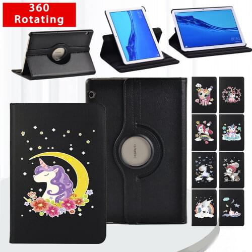 Tablet Case for Huawei MediaPad T3 10 9.6"/T5 10 10.1" 360 Degree Rotating Stand Leather Case Unicorn Pattern Protective Case