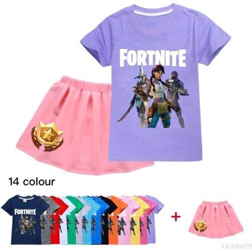 Fortnites Cute Cartoon Printing Childrens Girls Skirt Suit T-shirt Short Sleeve Skirt 2-Piece Set