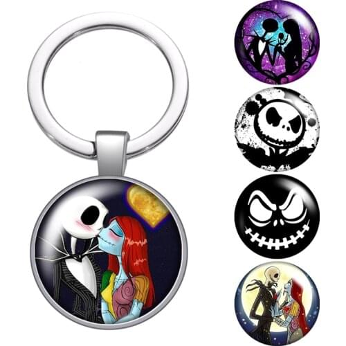 Jack skellington Evil Face Skull glass cabochon keychain Bag Car key Rings Holder Charms silver plated key chains Men Women Gift