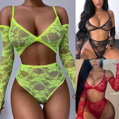 Four Piece Women’s Lingerie Set Sexy Solid Color Lace Bra and High Waist Panty with Separated Sleeves