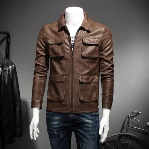 Leather High Quality Mens casual style slim Pockets decoration men motorcycle jacket Brown Black 8219