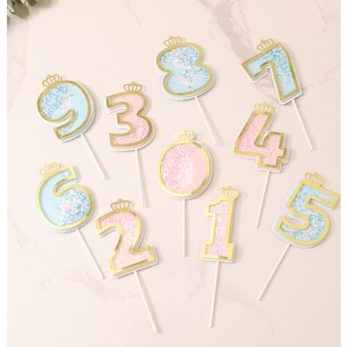 Creative Cake Decoration Giltter Crown Number Cake Happy Birthday Cake Toppers Transparent Pink Blue Number Cupcake Topper Decor