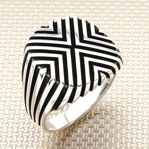 Sterling Silver Ring Striped Model Handmade Vintage Men Accessories Silver Men Ring Made in Turkey