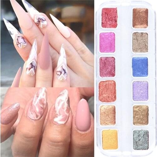 6/12 Colors Solid Pigment Watercolor Paints Set Metallic Pearl Gold Silver Nail Chrome Glitter Powder DIY Manicure Decor