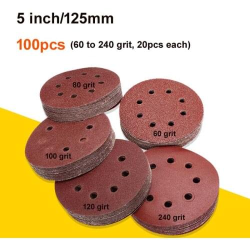100pcs 5 inch/125mm 60 80 100 120 240 Grit Round Shape Sanding Discs Buffing Sheet Sandpaper 8 Hole Sander Polishing Pad each 20