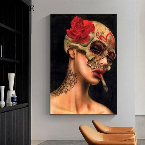 Cool Smoking Girl Wall Art Posters Dark Flower Skull Skeleton Graffiti Canvas Picture Prints Paintings for Living Bedroom Decor