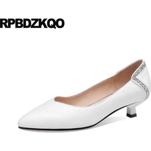 Size 4 34 Black Work Shoes Women Leather Genuine Low Heels High Pointed Toe 33 Brand White Runway Pumps Footwear 2021 Kitten