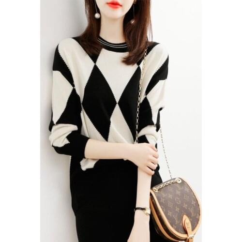 Diamond Plaid Sweater Womens Loose Wear 2021 Spring and Autumn Winter Turtleneck Lazy Style Backing Shirt Knitted Shirt