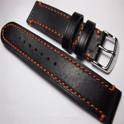 T-AMQ 22mm Genuine Leather Watch Band Mens Wristwatch Strap Clasp Bracelet Black+Orange Line Outdoor Sport Diving Watchband-88