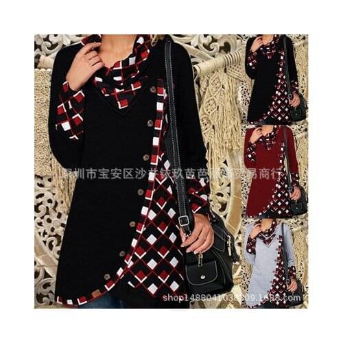 Spring Hot Style V-neck Plaid Contrast Long-sleeved Womens Piled Collar Casual Style Mid-length Temperament Communte