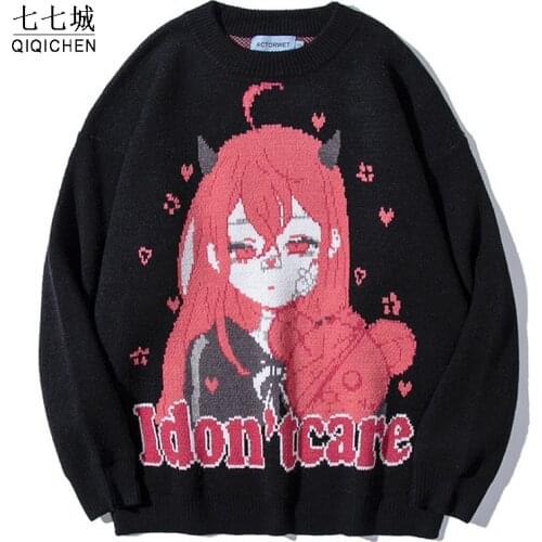 Anime Girl Knitted Sweaters Men Women Cartoon Bear Pattern Loose Jumpers Hip Hop Streetwear Casual College Knitwear Pullover New