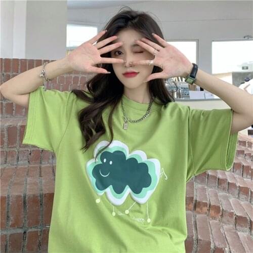 Japan Kawaii T-Shirt Avocado Green Cloud Graphic Clothing For Girls Summer Vintage Cute Sweet Women Friend Dress School Clothes