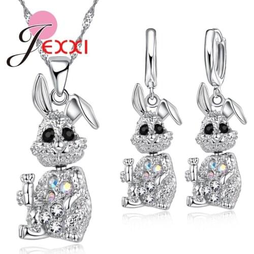 Fashion Band Crystal Rhinestone Necklace Earring Jewelry Sets Charm 925 Sterling Silver Cartoon Rabbit Jewellery Set