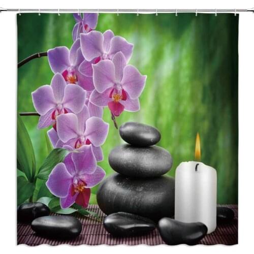 Zen Garden Shower Curtains Spa Green Leaf Plant Black Stone Purple Flower Candle Bathroom Decor Cloth Hanging Curtain Set