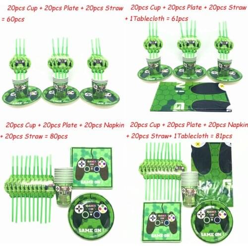 81pcs Green Game On Birthday Party Decorations Christmas Event Kids Favor Cup Plate Napkin Straw Tablecloth Paper Party Supplies