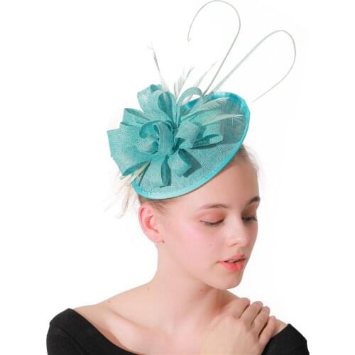 Women Turquoise Fascinator Hairpins Feathers For Derby Church Wedding Headwear Party Imitation Sinamay Flower Hair Accessories