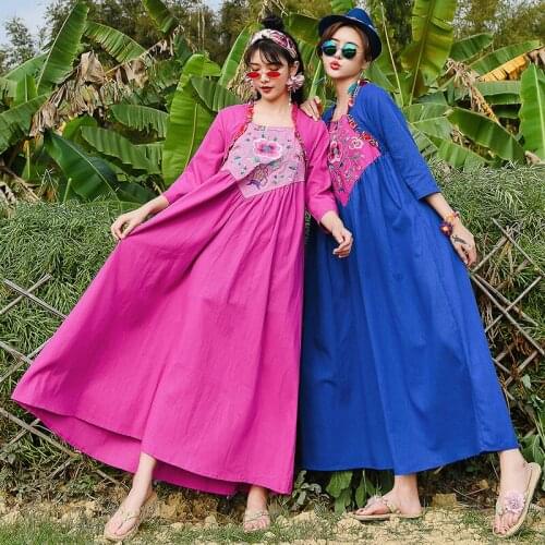 Chinese Style Womens Clothing Spring Vacation Beach Dress Loose High Waist Large Size Retro Cotton and Linen Dresses Maxi K273