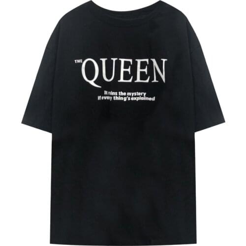 2021 Summer Loose Fashion Shirt Letters Queen Graphic T Shirt Women Tops Base O-neck Black Tees Smile Funny Girls Tshirt