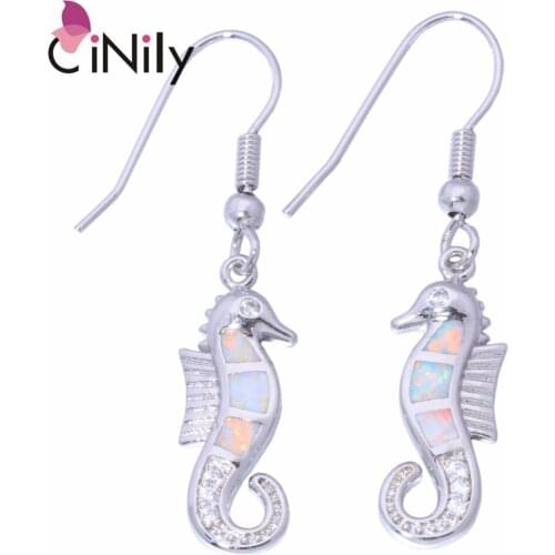 CiNily Created White Fire Opal Cubic Zirconia Silver Plated Wholesale Sea Horse for Women Jewelry Dangle Earrings 1 1/2" OH3674