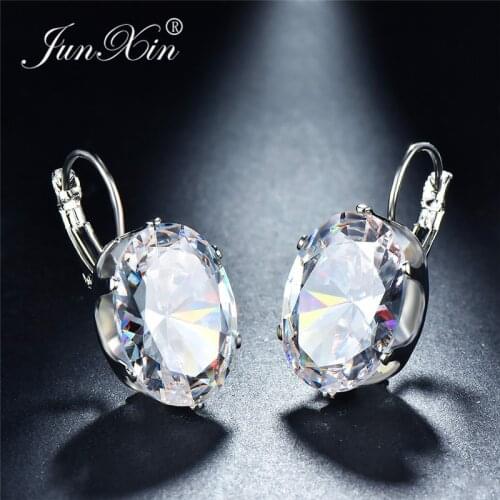 Female Big Oval Stone Multicolor Zircon Hoop Earrings For Women Silver Color Royal Blue Wedding Earrings Black CZ Womens Jewelry