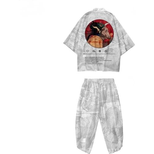 Plus Size S-6XL 5xl 4XL White Harajuku Japanese Style Fashion Kimono Pants Sets Men Women Cardigan Haori Obi Asian Clothes Suit