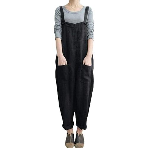 Women Casual Loose Linen Cotton Jumpsuit Dungarees Playsuit Trousers Overalls JU