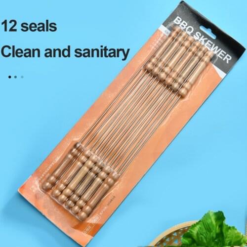 12pcs Reusable BBQ Skewers Handle With Handle 30CM Barbecue Needle Wood Stainless Steel Flattened Rounded Sign Optional Meat