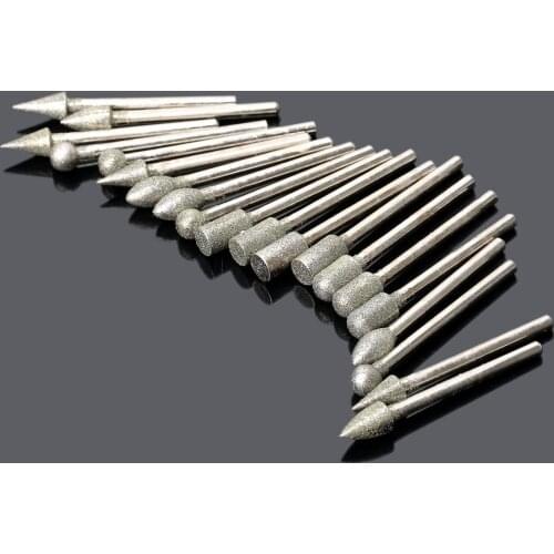 20Pcs Diamond Coated Rotary Grinding Heads Sand Mini Burrs Bit Drill Kit for Carve Polishing Glass Stone Abrasive Tool 3mm Shank
