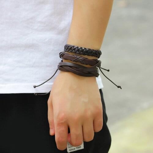 2020 6pcs/pack Handmade PU Leather Black Unisex Men Women Braided Casual Bracelets Multilayer Bangles Stylish Jewelry Gift#3