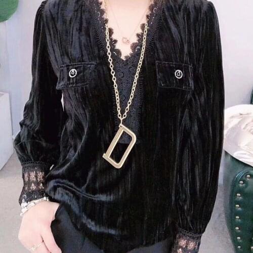 2020 Winter V-neck Thick Lace Shirt Female Velvet Blouse Blusas Ropa De Mujer