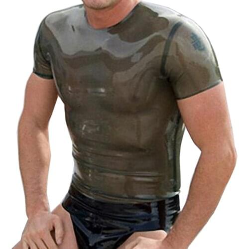 Transaprent Black Men Latex Rubber Fetish T-shirt Handmade Costumes BNLSM019