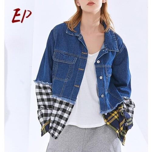 EP 2021 Fashion Spring Grid Splicing Jeans Jacket Womens Coat Fashion Denim Women Long Sleeve Outwear