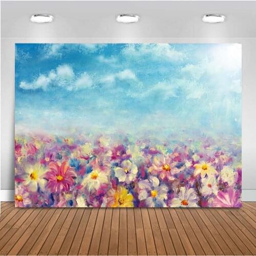 Oil Painting Flower Sea Background for Photo Studio Blue Sky Backdrop for Photographic Video Party Decoration Supplies