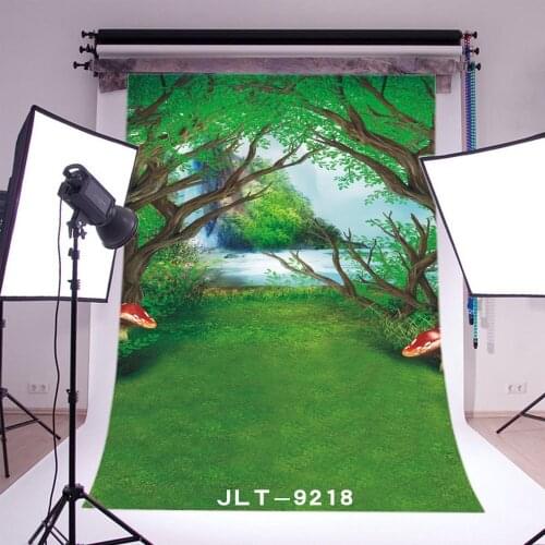 Photography Backdrops Fairy Tale Mysterious Forest Waterfall Mushroom Grass Field Scene Toddlers Portraits Background